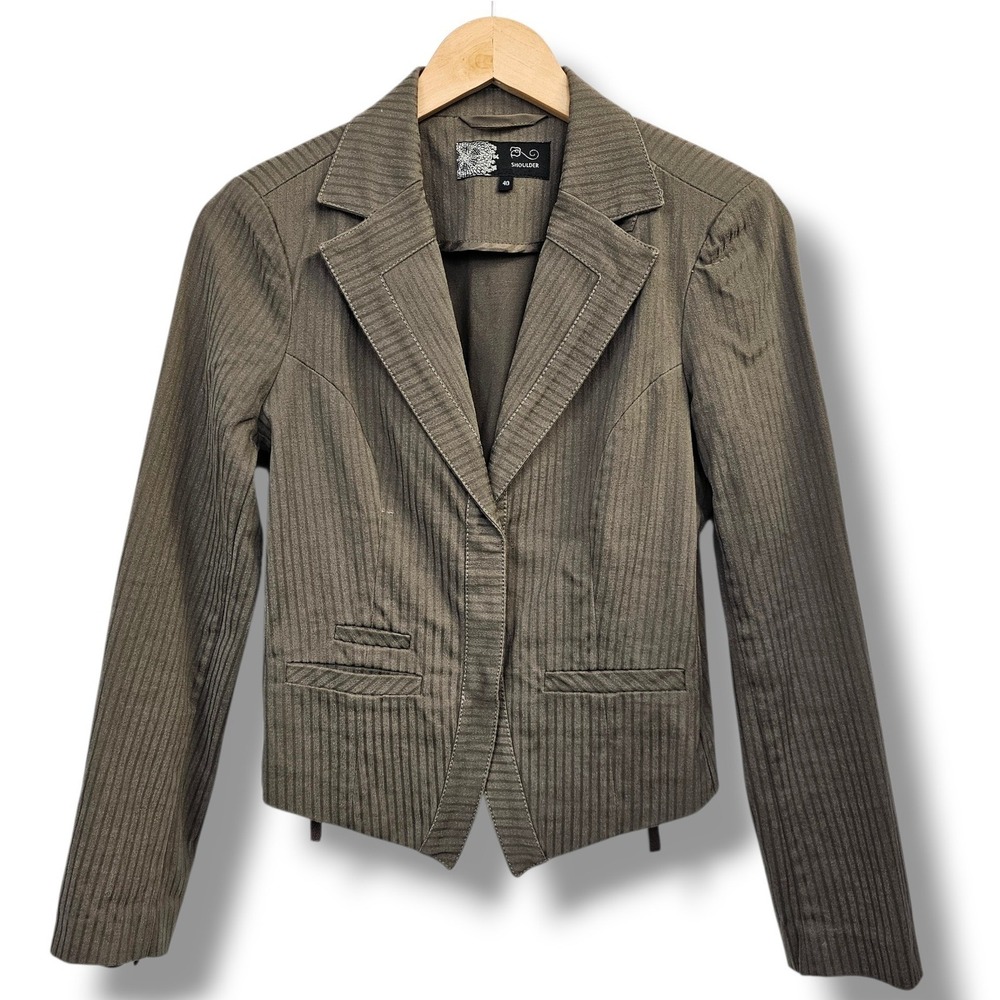 Shoulder Blazer 40 Earthy Brown Pin Striped‎ Cinched Tie Back Tailored Boho